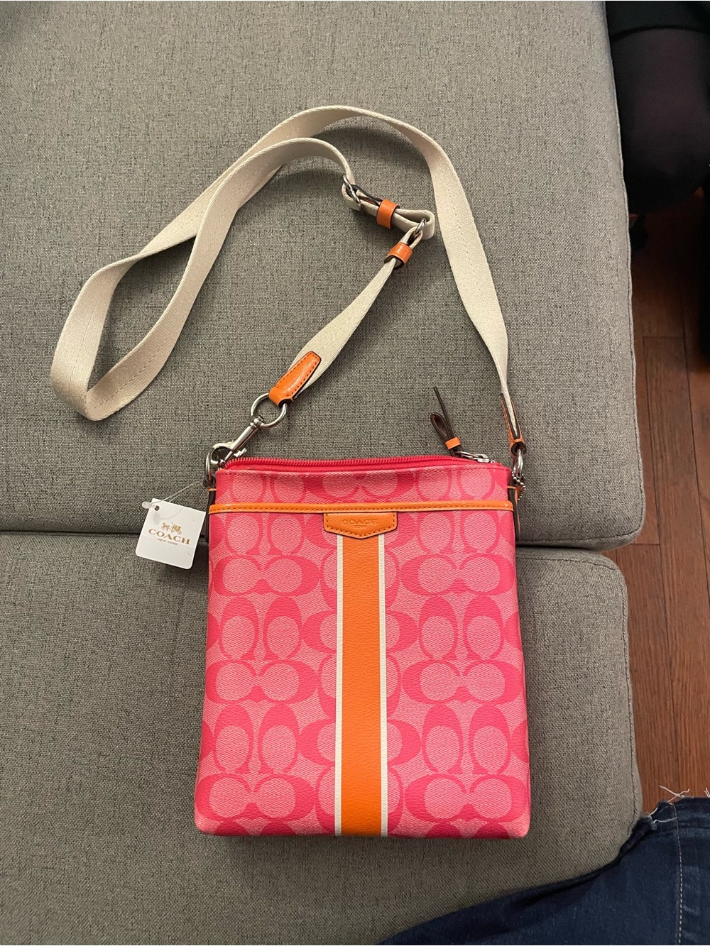 Coach Pink Signature Crossbody with Orange Center Stripe and Cream Strap